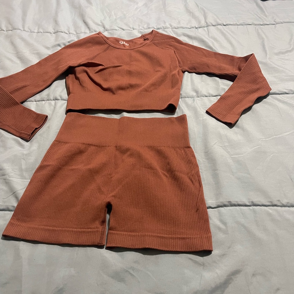 Rust Ribbed Long Sleeve Crop Top and Shorts Set